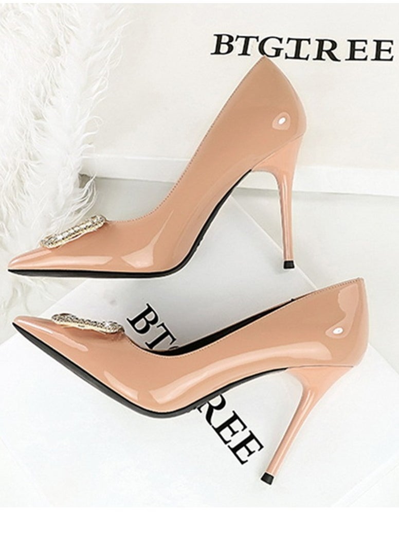 BIGTREE Women's Closed Pointed Toe Stiletto Pump Rhinestone Square Buckle Decoration High Heels Pale Pink 10 CM  - Image 3