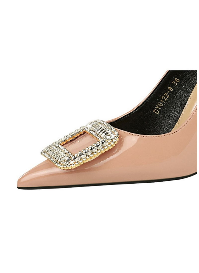 BIGTREE Women's Closed Pointed Toe Stiletto Pump Rhinestone Square Buckle Decoration High Heels Pale Pink 10 CM  - Image 5