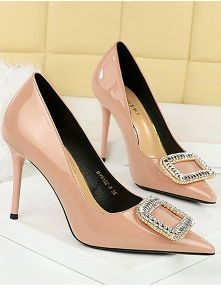 BIGTREE Women's Closed Pointed Toe Stiletto Pump Rhinestone Square Buckle Decoration High Heels Pale Pink 10 CM  - Image 2