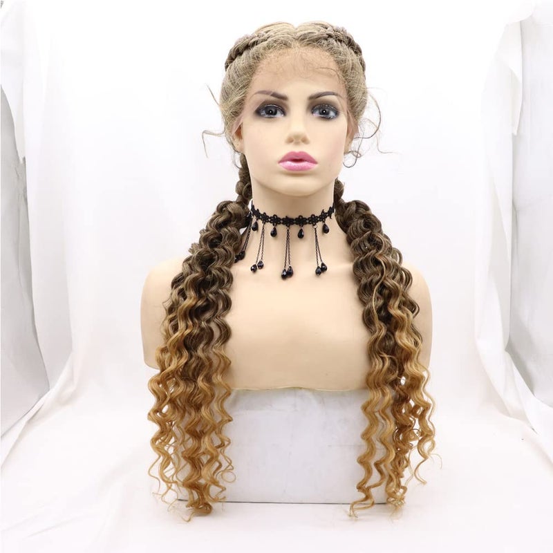 Xiweiya Xiweiya Ombre Copper Brown Wig Long Braided Wigs Add Crimped Hair Highlight 2X Double Twist Braided Curly Synthetic 360 Full Lace Front Wig with Baby Hair for Women,Drag Queen Halloween Makeup Party