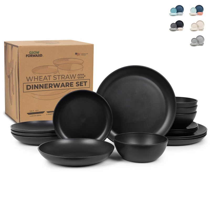 Grow Forward 16piece Premium Wheat Straw Dinnerware Sets for 4  Unbreakable Dishwasher  Microwave Safe Plastic Plates and Bowls Sets  Patio Outdoors RV Camping Dishes  Midnight
