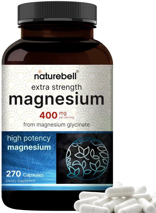NatureBell مغنيسيوم جليسينات 400 ملغ (عنصري)، 270 كبسولة – 100% مخلب لامتصاص أقصى | غير معدّل وراثيًا وخالي من الغلوتين، مكمل معدني متاح حيويًا لصحة العضلات والمفاصل والإنزيمات والقلب - Image 1