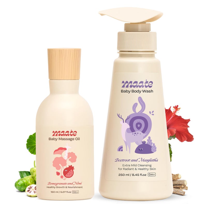 Maate Baby Body Wash - (250 ml), Enriched with Beetroot & Manjistha | Massage Oil - (150 ml), Enriched with Pomegranate & Noni | Dermatologically Tested, Natural & Vegan - Image 2