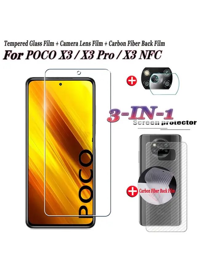 لحامي شاشة مكون من 3 طبقات متوافق مع POCO X3 Pro، فيلم حماية عدسة الكاميرا، وغطاء خلفي من ألياف الكربون - Image 1