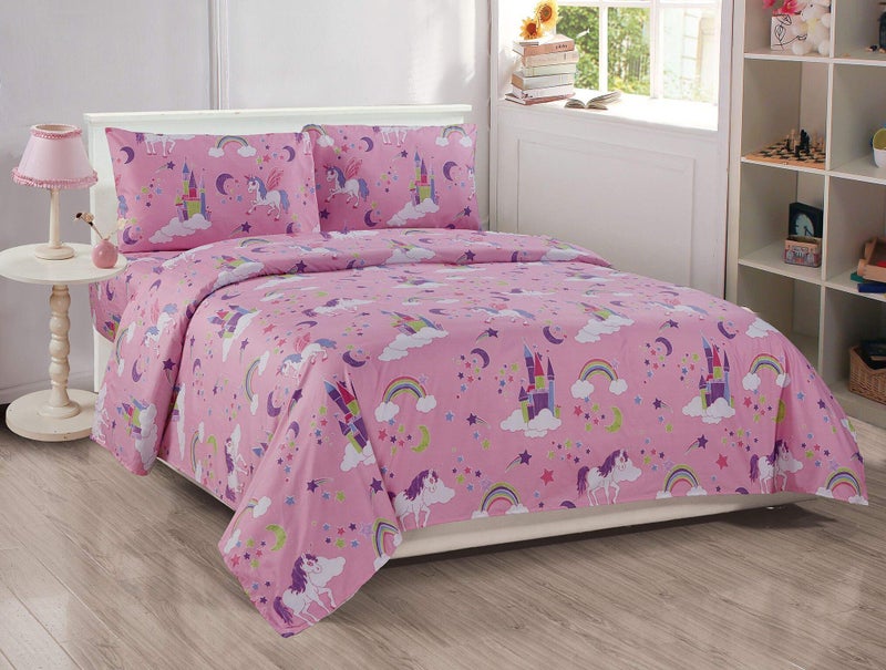 Better Home Style Better Home Style Pink GirlsKids 4 Piece Sheet Set with Unicorns Castles and Rainbows in Magical Lands Includes Pillowcases Flat and Fitted Sheets  Unicorn Castle Lavender Queen