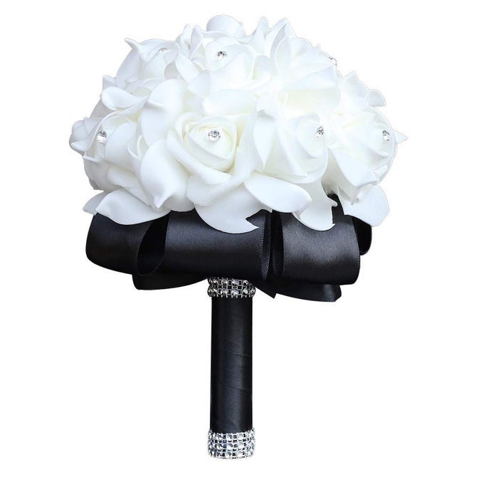Wedding Bouquet Black Bouquet for Bride Bridesmaid with Diamond Soft Ribbons Artificial Rose Bridal Holding Flowers for Party Church
