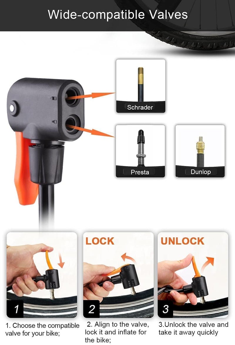 QUPET Bike Pump, Mini Bicycle Pump Portable Bike Floor Pump with Presta and Schrader Valves Aluminum Alloy Floor Bicycle Air Pump Compact Mini Bike Tire Pump, Extra Valve and Gas Needle for All Bike - Image 2