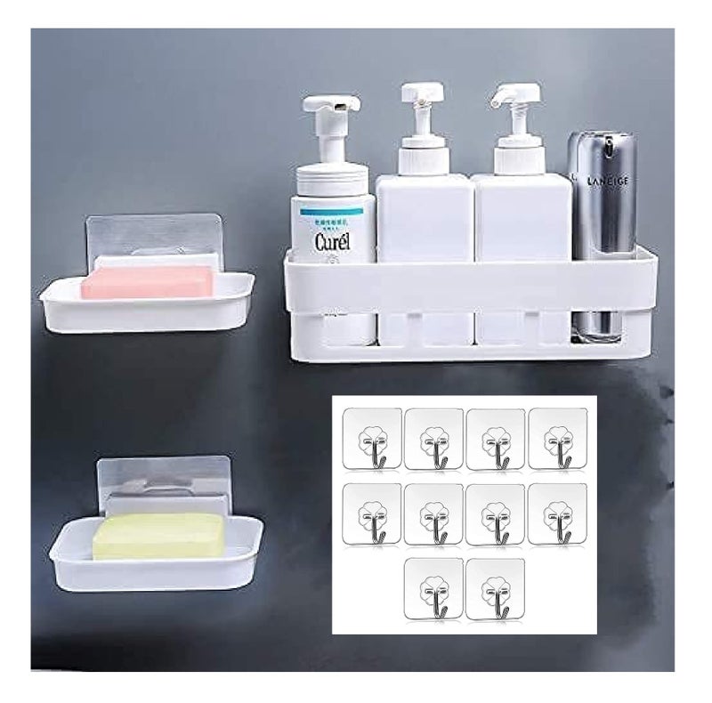 MorivaHomes Multipurpose Wall Mount Bathroom Shelf and Rack for Home and Kitchen. Adhesive Sticker Support Without Drilling (1 Bathroom Shelf + 2 Soap Dish + 10 Hooks), Acrylic - Image 1
