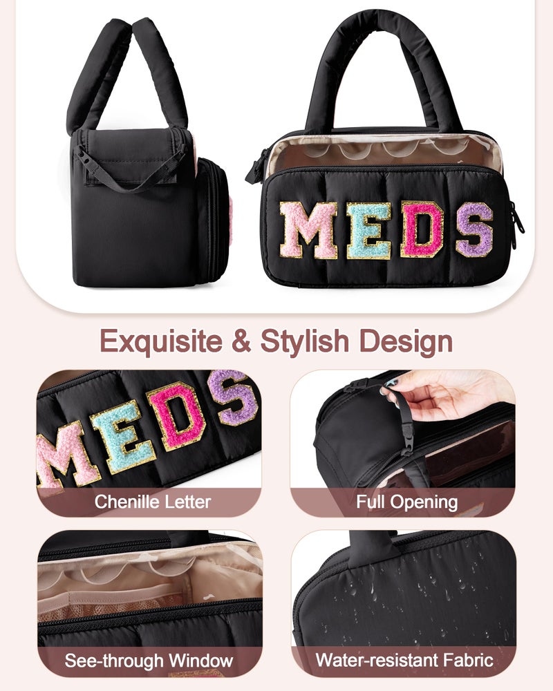 Fasrom Chenille Letter Medicine Bag, Preppy Patch Meds Bags for Travel, Pill Bottle Organizer with Puffy Handles, Portable Cosmetic Toiletry Storage Makeup Case for Women, Black (Bag Only) - Image 3