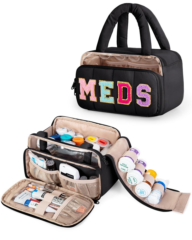 Fasrom Chenille Letter Medicine Bag, Preppy Patch Meds Bags for Travel, Pill Bottle Organizer with Puffy Handles, Portable Cosmetic Toiletry Storage Makeup Case for Women, Black (Bag Only) - Image 1