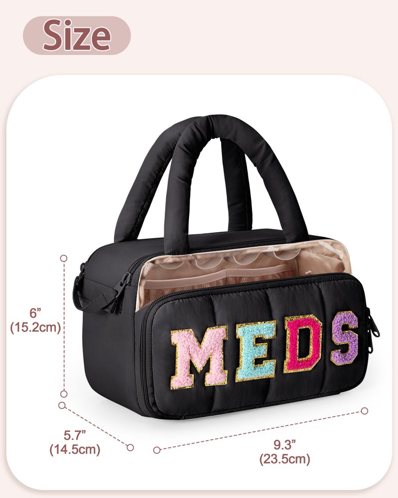 Fasrom Chenille Letter Medicine Bag, Preppy Patch Meds Bags for Travel, Pill Bottle Organizer with Puffy Handles, Portable Cosmetic Toiletry Storage Makeup Case for Women, Black (Bag Only) - Image 5