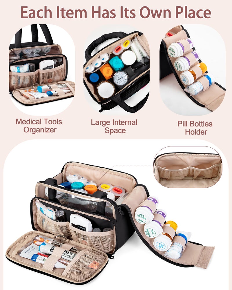 Fasrom Chenille Letter Medicine Bag, Preppy Patch Meds Bags for Travel, Pill Bottle Organizer with Puffy Handles, Portable Cosmetic Toiletry Storage Makeup Case for Women, Black (Bag Only) - Image 2