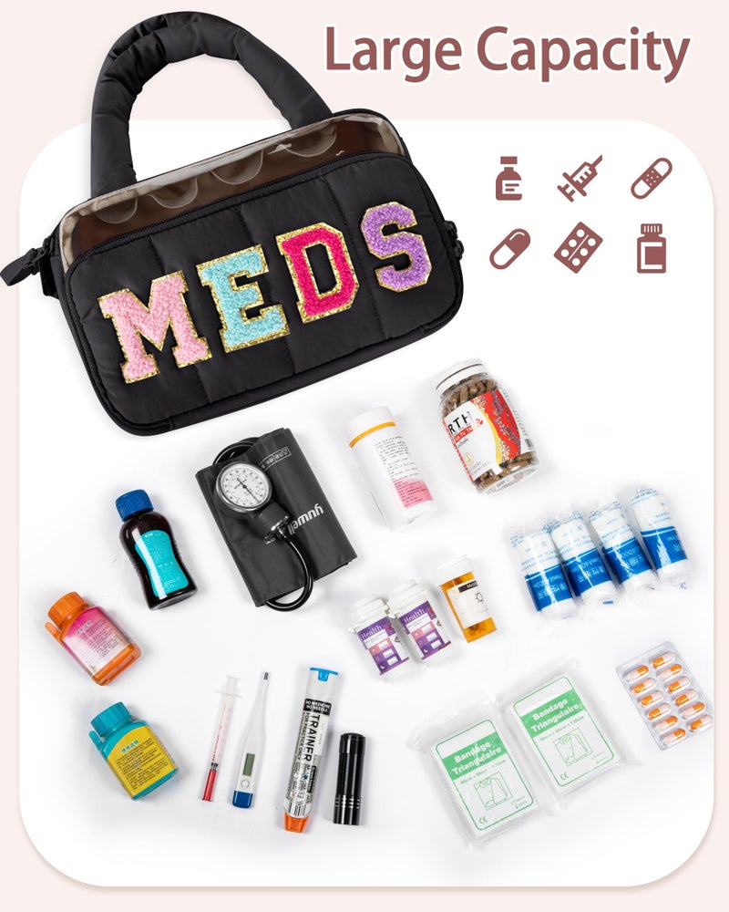 Fasrom Chenille Letter Medicine Bag, Preppy Patch Meds Bags for Travel, Pill Bottle Organizer with Puffy Handles, Portable Cosmetic Toiletry Storage Makeup Case for Women, Black (Bag Only) - Image 4