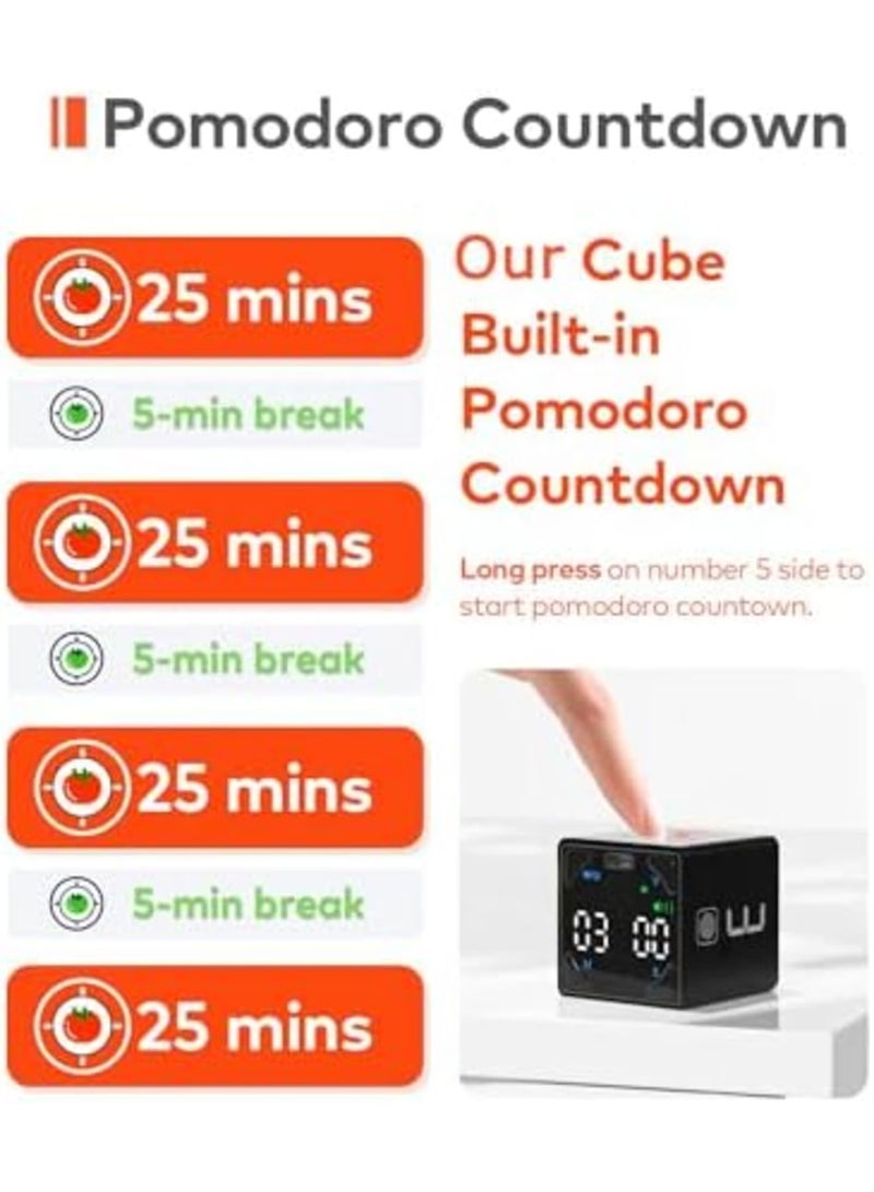 SYOSI Cube Timer, Productivity Timer Digital Clock, 1/3/5/10/15/25/45/60min, Custom Pause  Resume, Countdown, Mute, Vibration  Adjustable Sound Alert for Kitchen, Work, ADD, Meeting, Study, Gym (Black) - Image 4