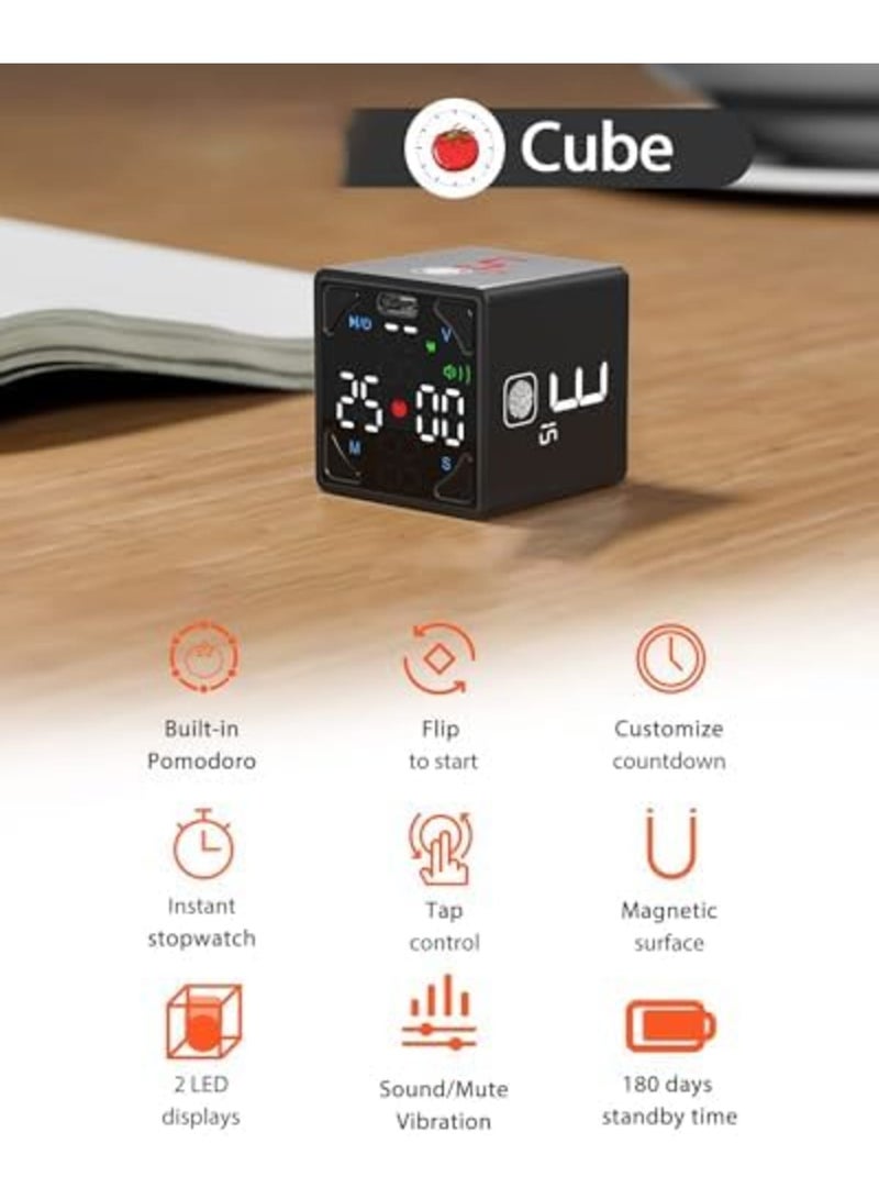 SYOSI Cube Timer, Productivity Timer Digital Clock, 1/3/5/10/15/25/45/60min, Custom Pause  Resume, Countdown, Mute, Vibration  Adjustable Sound Alert for Kitchen, Work, ADD, Meeting, Study, Gym (Black) - Image 2