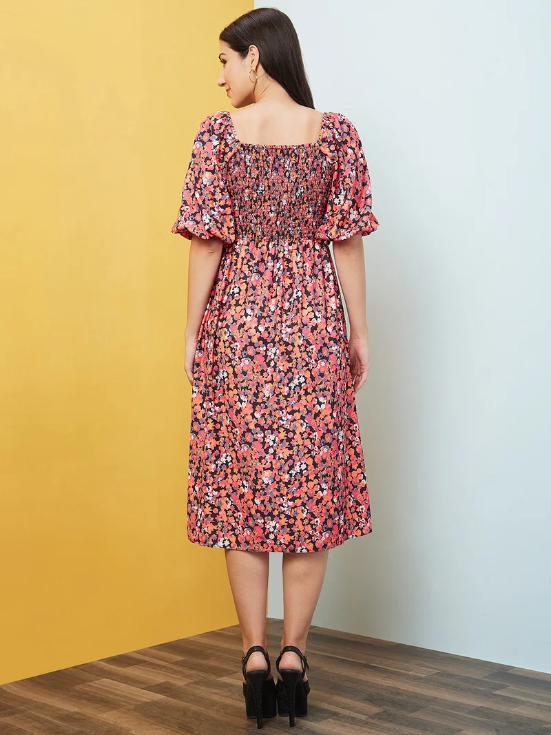 globus Women Peach Floral Printed Puff Sleeves Gathered Smocked Fit & Flare Midi Dress
