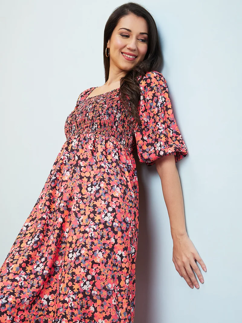 globus Women Peach Floral Printed Puff Sleeves Gathered Smocked Fit & Flare Midi Dress