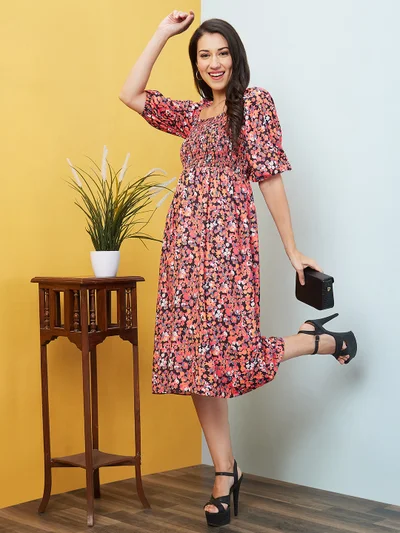 globus Women Peach Floral Printed Puff Sleeves Gathered Smocked Fit & Flare Midi Dress