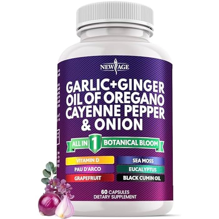 NEW AGE Garlic + Ginger Supplement - Oil of Oregano, Cayenne Pepper, Soursop, Black Cumin, Sea Moss, Black Pepper - Black Seed Cleanse - 60 Count - Image 1
