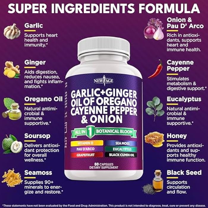 NEW AGE Garlic + Ginger Supplement - Oil of Oregano, Cayenne Pepper, Soursop, Black Cumin, Sea Moss, Black Pepper - Black Seed Cleanse - 60 Count - Image 2