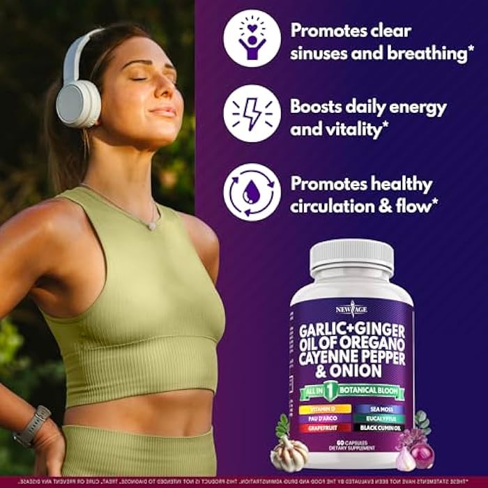 NEW AGE Garlic + Ginger Supplement - Oil of Oregano, Cayenne Pepper, Soursop, Black Cumin, Sea Moss, Black Pepper - Black Seed Cleanse - 60 Count - Image 3