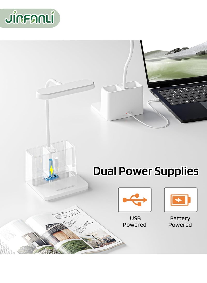 JINFANLI Rechargeable small desk lamp, suitable for home office bedroom, children and teenagers study desk lamp, white, LED, pen holder, mini, gooseneck, college dormitory lighting, suitable for computer keyboard desktop tasks - Image 5