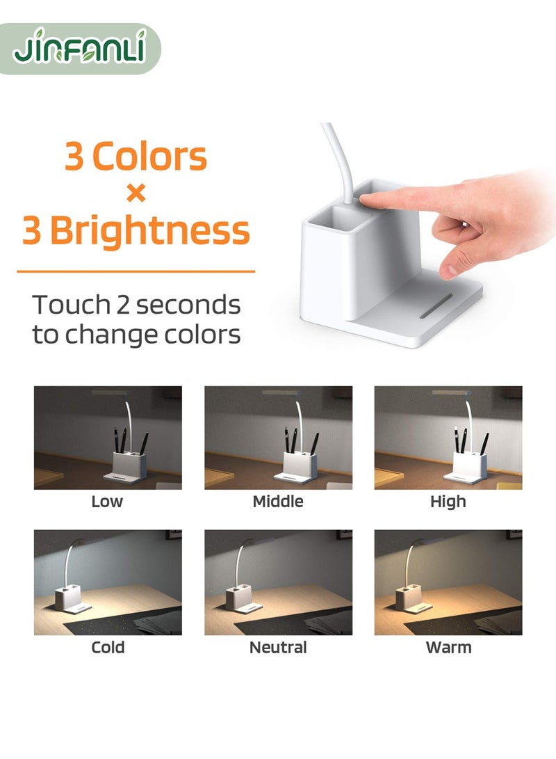 JINFANLI Rechargeable small desk lamp, suitable for home office bedroom, children and teenagers study desk lamp, white, LED, pen holder, mini, gooseneck, college dormitory lighting, suitable for computer keyboard desktop tasks - Image 3