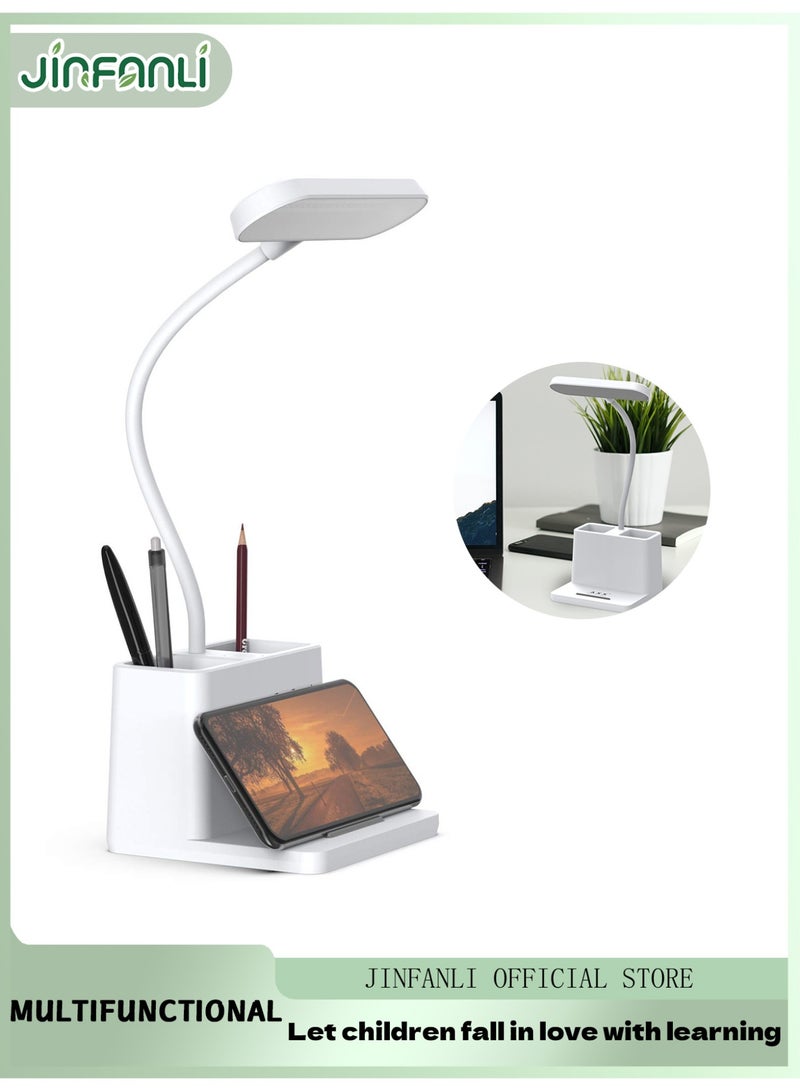 JINFANLI Rechargeable small desk lamp, suitable for home office bedroom, children and teenagers study desk lamp, white, LED, pen holder, mini, gooseneck, college dormitory lighting, suitable for computer keyboard desktop tasks - Image 1