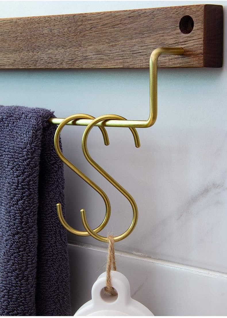 KASTWAVE 6 Pieces Brass S-Shaped Hooks, Gold Coat, Clothes, Towel Hangers, Kitchen Pot, Pan, and Coffee Cup Rack Hooks, Durable Metal Hooks for Home Organization - Image 2
