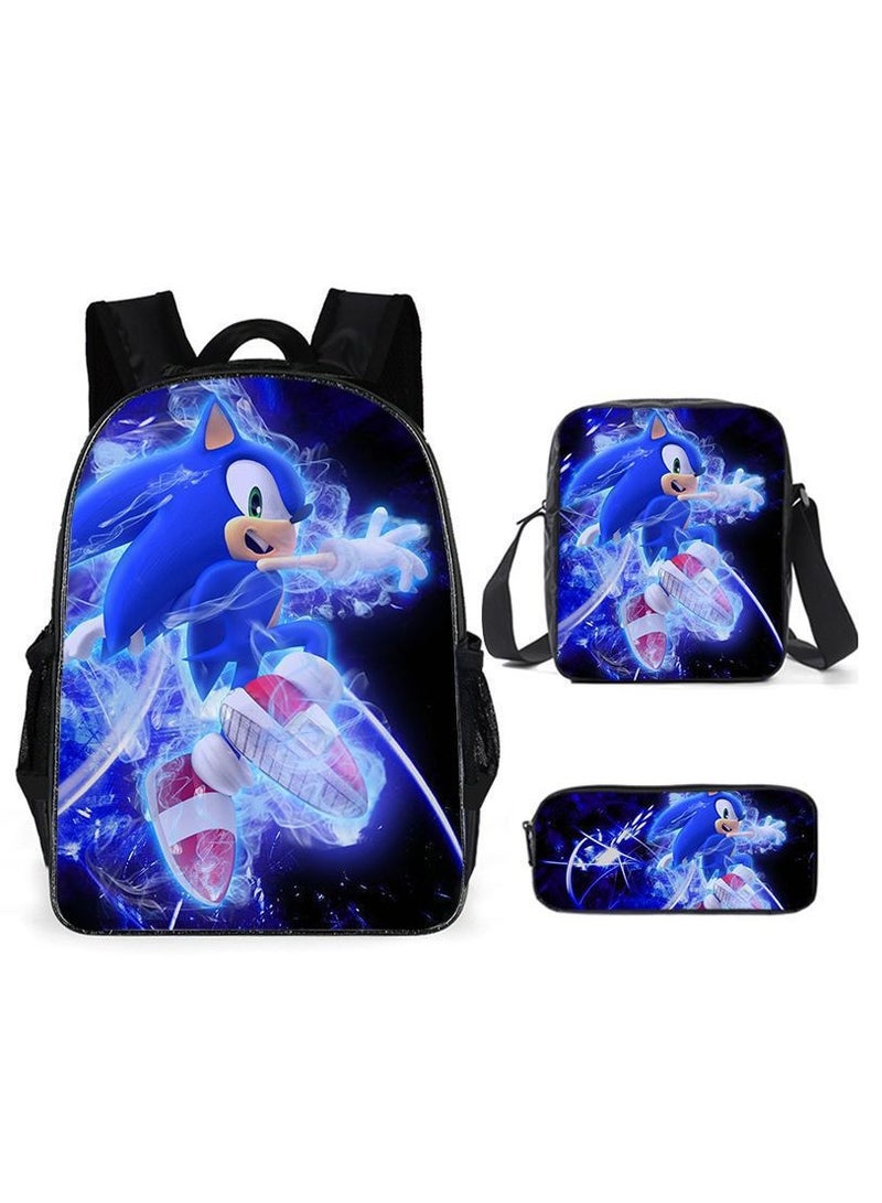 Sonic student large capacity backpack three piece set, anime cartoon backpack, shoulder bag pen bag