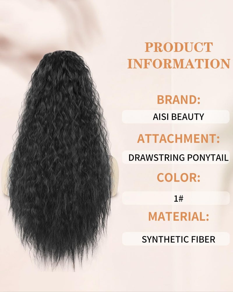 AISI BEAUTY Long Curly Drawstring Ponytail for Women 22 inch Clip in Wavy Natural Ponytail Extension for Womens(1B) - Image 4