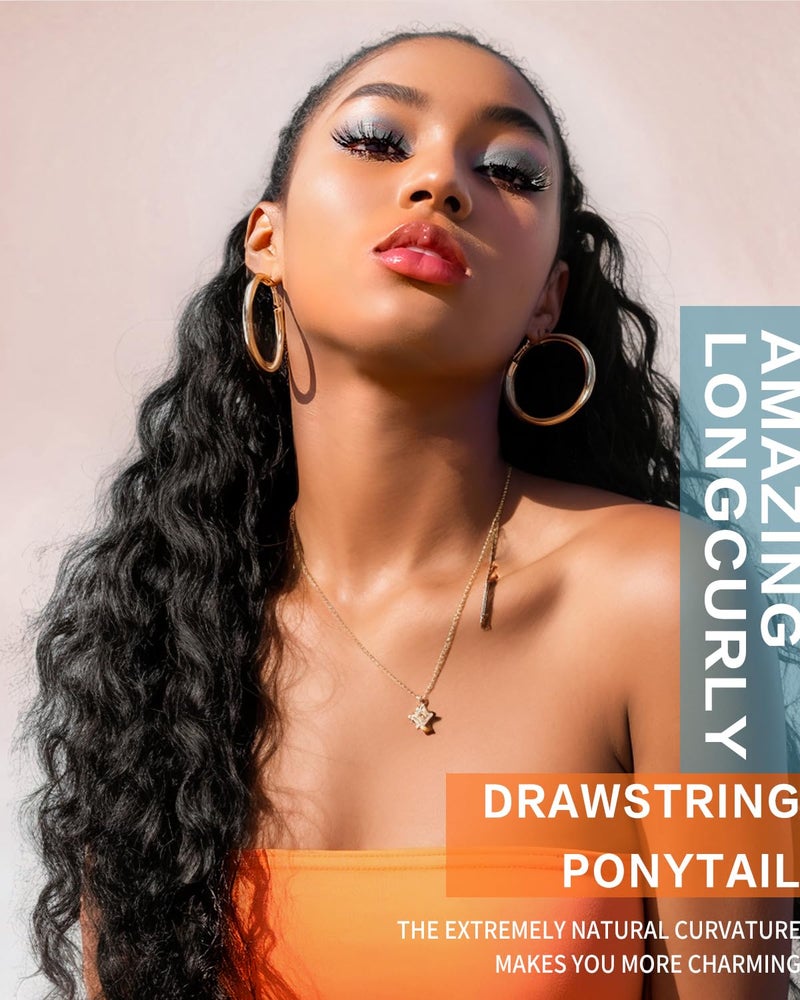 AISI BEAUTY Long Curly Drawstring Ponytail for Women 22 inch Clip in Wavy Natural Ponytail Extension for Womens(1B) - Image 5