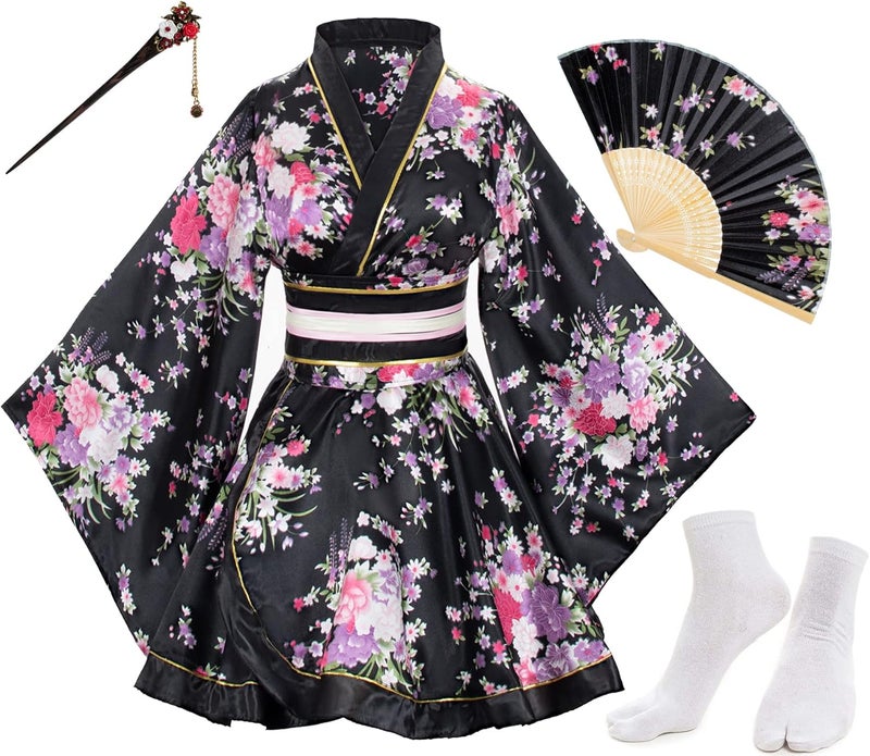 Elibelle Japanese Anime Women's Dance Kimono Robe Fancy Dress Hand Held Silk Folding Fans Tabi Hairstick Socks Set - Image 2