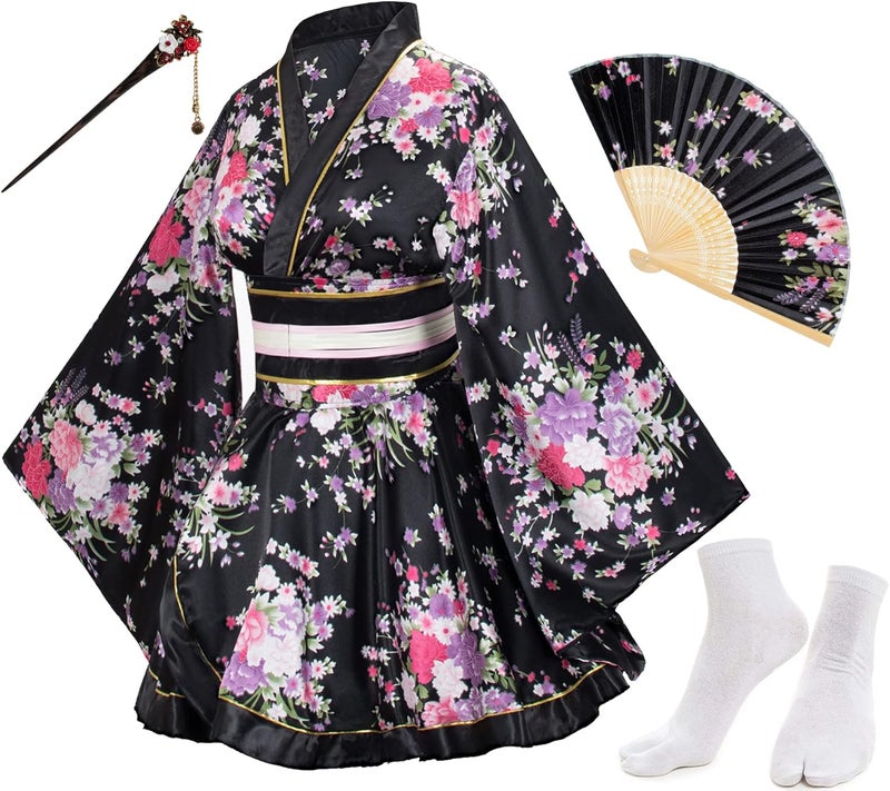 Elibelle Japanese Anime Women's Dance Kimono Robe Fancy Dress Hand Held Silk Folding Fans Tabi Hairstick Socks Set - Image 1