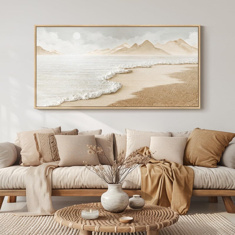 Cuspin Framed Boho Coastal Beach Wall Art for Living Room, Extra Large Neutral Ocean Canvas Artworks for Walls, Horizontal Abstract Minimalist Coastal Art Print for Bedroom Kitchen Office Walls, 30x60 Inch - Image 1
