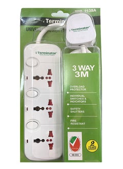 Terminator Terminator TPB 213SA-3M 3 Way Universal Power Extension Socket with Cable, m Cable Length, White ESMA Approved  - Image 1