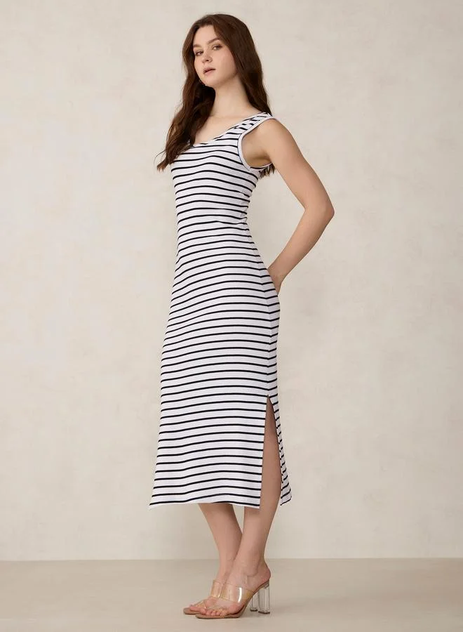 Outzidr  White Striped Knit Tank Midi Dress for Women | Best Price UAE