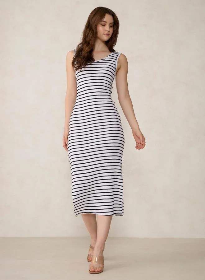 Outzidr  White Striped Knit Tank Midi Dress for Women | Best Price UAE