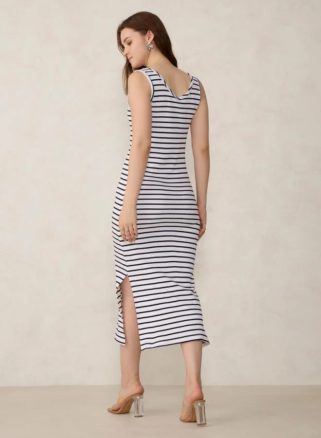 Outzidr  White Striped Knit Tank Midi Dress for Women | Best Price UAE