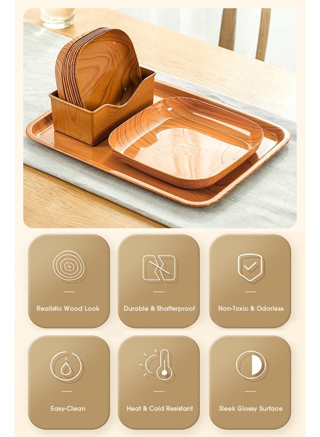 Sunnaltree 13 PCS Serving Tray, Plastic Wood Grain Serving Tray, Serving Plate,  Spill-Proof Tray, Fruit Decorative Platter, Tea Snack Tray for Coffee, Family Party and Festival - Image 3