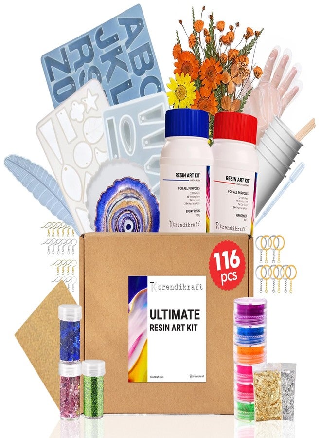TRENDIKRAFT 116pcs Ultimate All-in-One Resin Art Kit with 5 Silicone Moulds Dried Flowers Epoxy Raisin Materials for Making Alphabet Pendant Keychain Earrings Bookmarks & 4" Coaster for DIY Beginners - Image 1