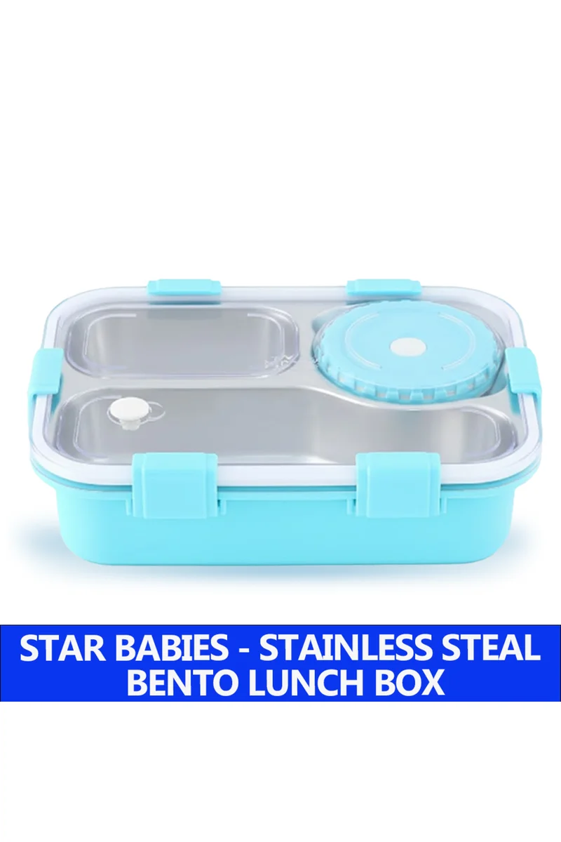 ستار بيبيز Star Babies Food Grade 304 Stainless Steel Bento Lunch Box with 4 Compartments and Leak-Proof Lid - Blue