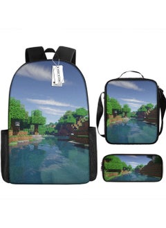 Printed backpack polyester schoolbag large-capacity cross-body bag student-W02-: Square World Minecraft (general standard three-piece set)
