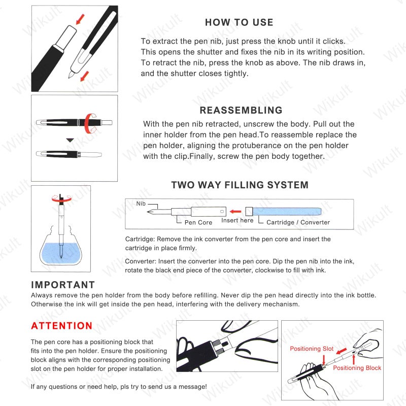 Wikult Jinhao 20 Press Fountain Pen, Transparent Black Retractable Fine Nib with Ink Converter Set (Golden Clip) - Image 4