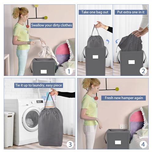 MCleanPin 210L Laundry Hamper Collapsible with 2 Washable Laundry Bags, Dirty Clothes Hamper,Laundry Basket with Handles Foldable Hamper Dorm Laundry Basket for College,Grey - Image 3