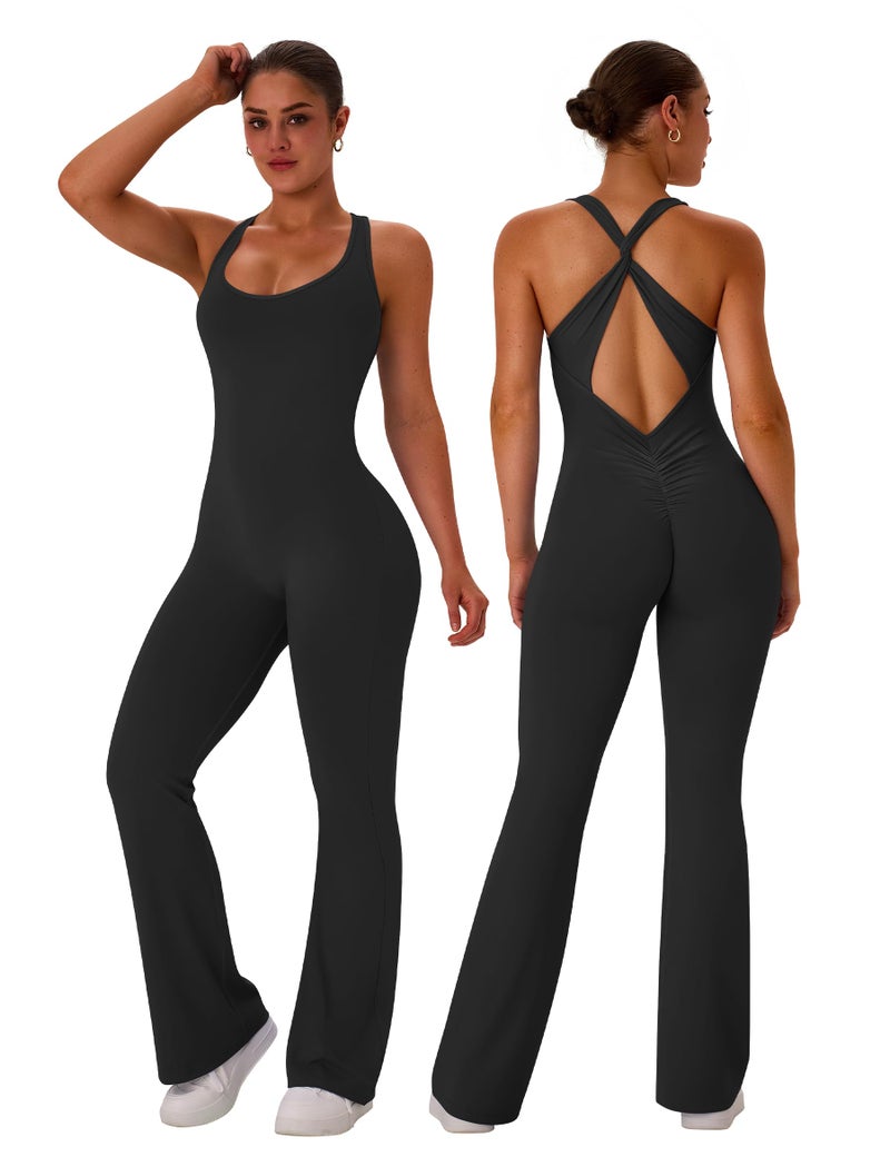 TDIFFUN Flare Workout Jumpsuits for Women One Piece Sleeveless Scrunch Butt Lifting Gym Bodysuit Sexy Backless Yoga Outfits - Black, Medium - Image 1