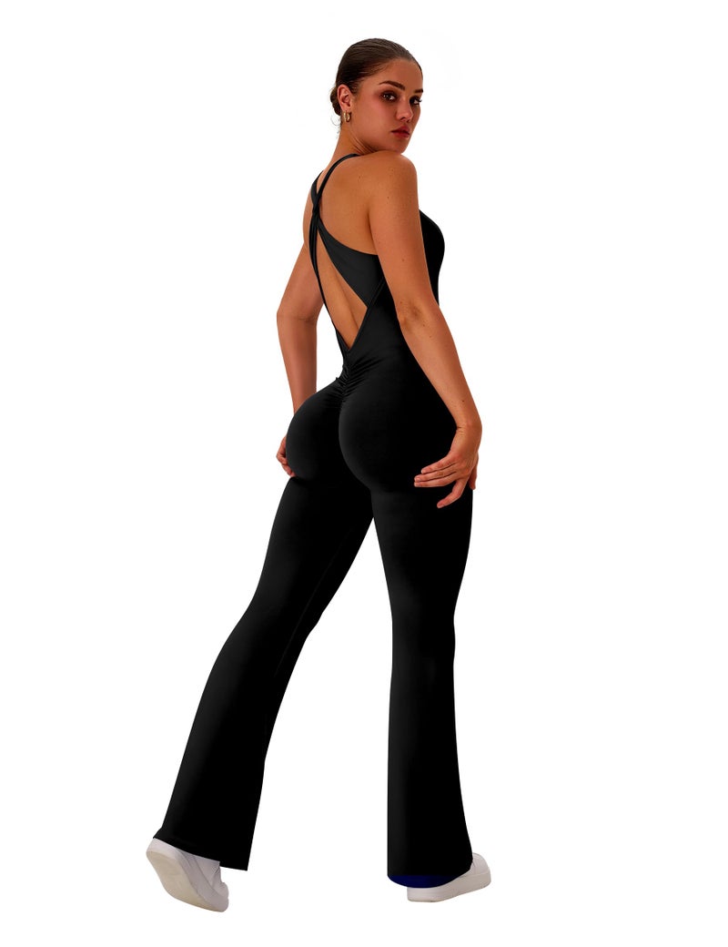 TDIFFUN Flare Workout Jumpsuits for Women One Piece Sleeveless Scrunch Butt Lifting Gym Bodysuit Sexy Backless Yoga Outfits - Black, Medium - Image 2