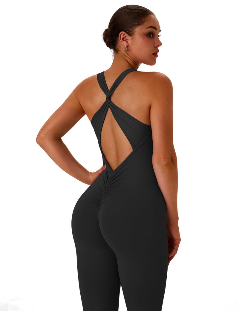 TDIFFUN Flare Workout Jumpsuits for Women One Piece Sleeveless Scrunch Butt Lifting Gym Bodysuit Sexy Backless Yoga Outfits - Black, Medium - Image 3