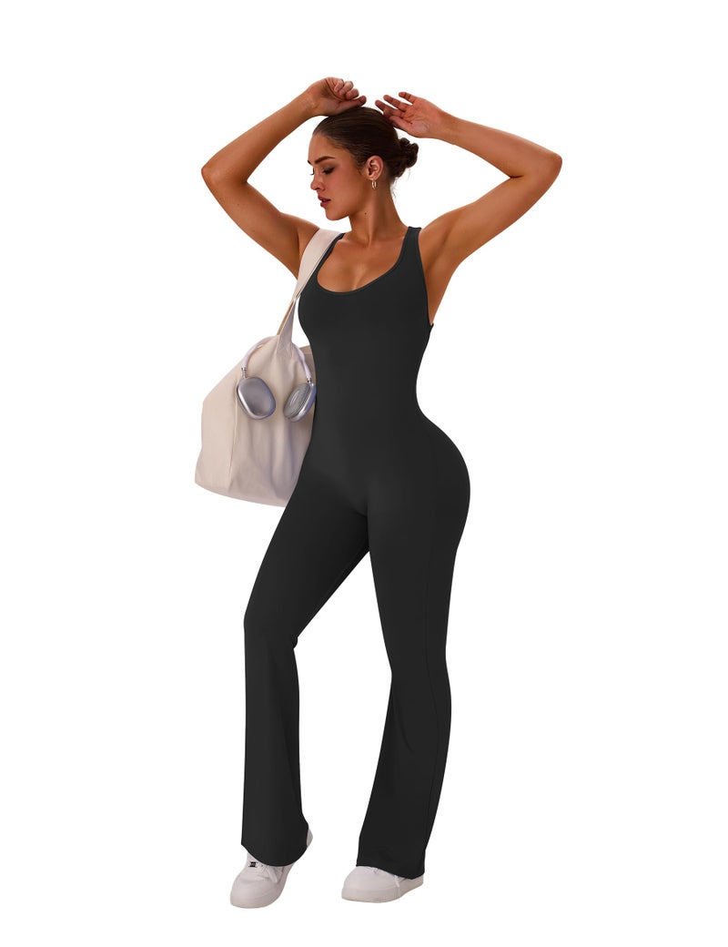 TDIFFUN Flare Workout Jumpsuits for Women One Piece Sleeveless Scrunch Butt Lifting Gym Bodysuit Sexy Backless Yoga Outfits - Black, Medium - Image 4