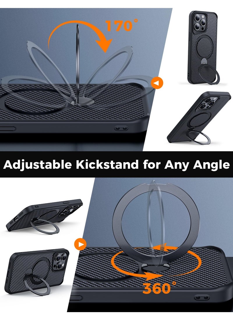 IPhone 15 Pro Max Case with 360° Magnetic Stand, Carbon Fiber Phone Case [Compatible with Magsafe] [16FT Protection] with Stand Ring 6.7'', Black